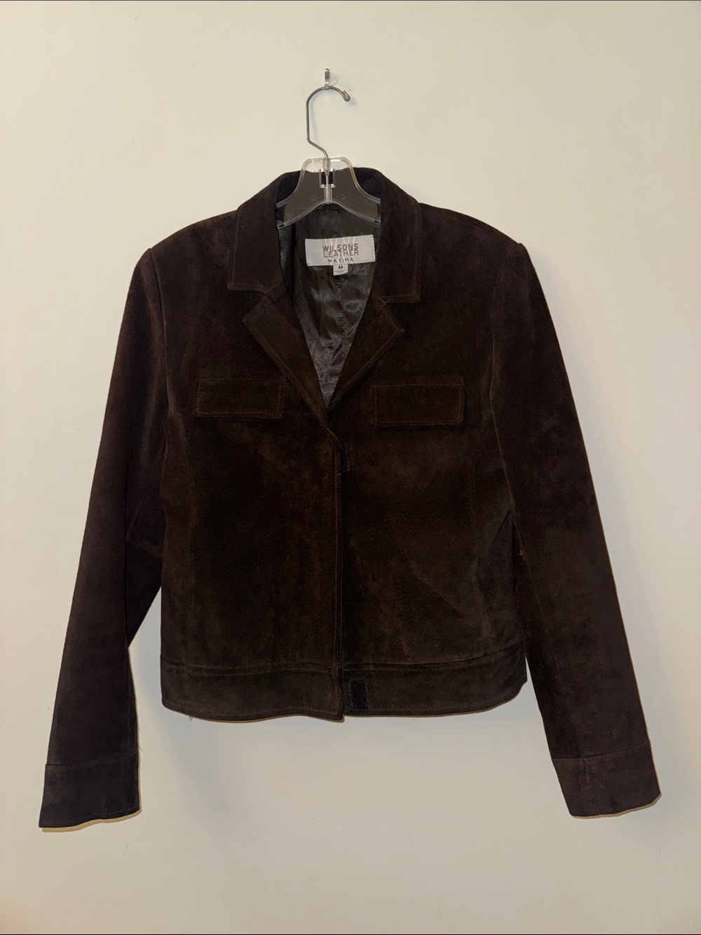 Wilsons Leather Women's Dark Brown Suede jacket. Hook and eye closure.
